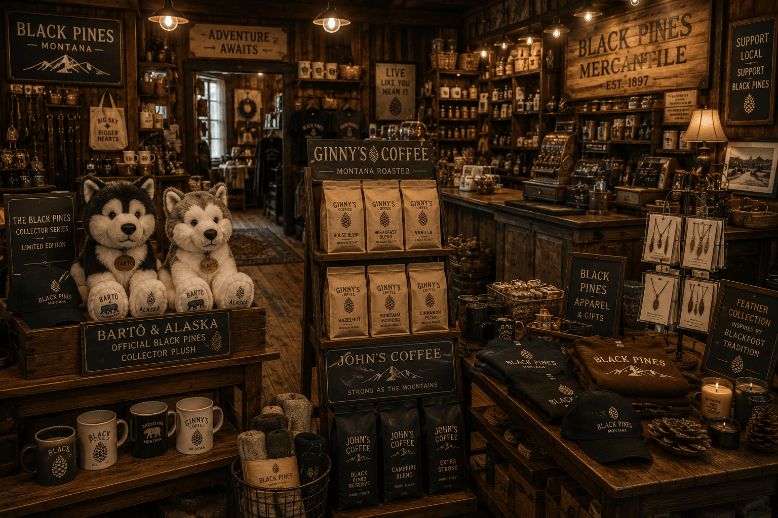 Inside Black Pines Mercantile — shelves of Ginny's and John's coffee, the Bartô & Alaska collector plush, mugs, apparel, caps, the Feather Collection and hand-poured candles under warm lamplight