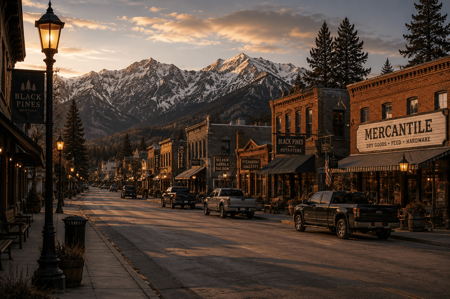 Main Street, Black Pines, at dusk